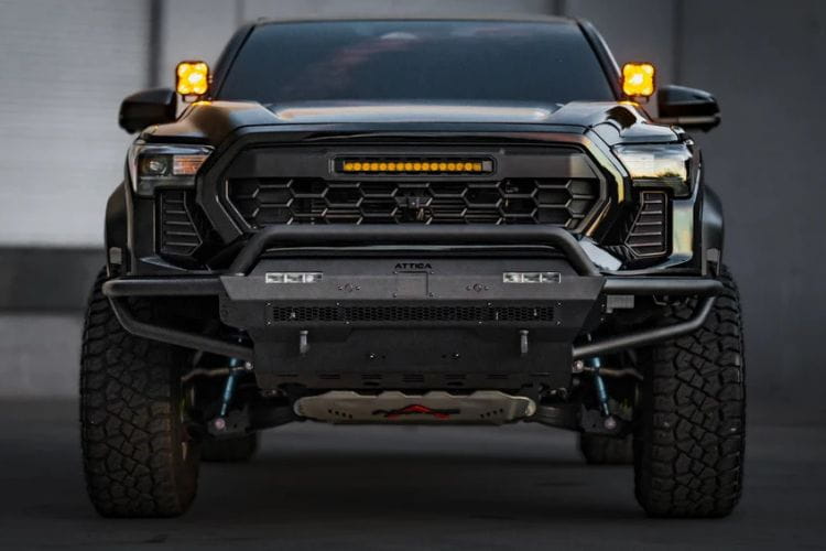 Attica 4x4 full-size custom steel front bumper ATTTA04A105-BX for 2024–2026 Toyota Tacoma with an integrated winch plate