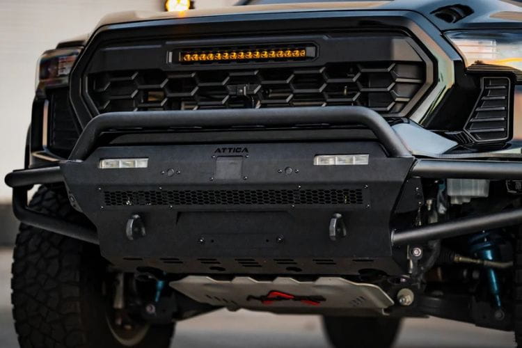 Attica 4x4 full-size custom steel front bumper ATTTA04A105-BX for 2024–2026 Toyota Tacoma with an integrated winch plate