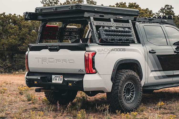 Backwoods BWTU3R-9755 rear bumper for Toyota Tundra 2022+, heavy duty steel offroad rear bumper upgrade.