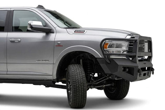 Bodyguard A2 Extreme front bumper CER19BYBMH for 2019–2026 Ram 2500/3500, bare metal finish, parking sensor cutouts, includes camera relocation harness