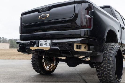 Bodyguard Freedom Series rear bumper MGC19AYB for 2019–2026 Chevy Silverado 1500, bare metal finish with parking sensor cutouts