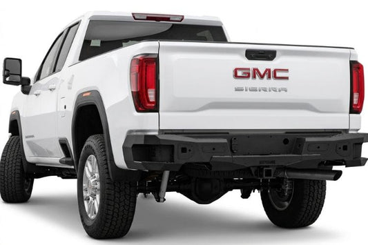 Bodyguard Freedom Series rear bumper MGC19AYB for 2019–2026 GMC Sierra 1500, bare metal with parking sensor cutouts
