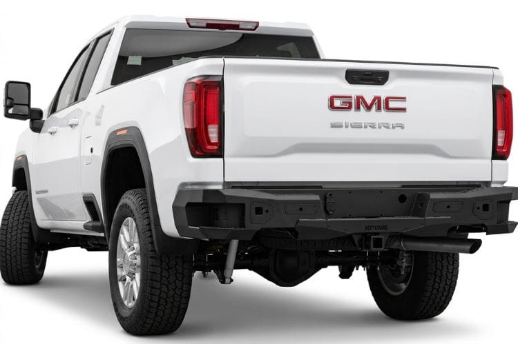 Bodyguard Freedom Series rear bumper MGC19AYB for 2019–2026 GMC Sierra 1500, bare metal with parking sensor cutouts