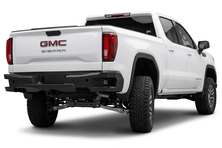 Bodyguard Freedom Series rear bumper MGC19AYB for 2019–2026 GMC Sierra 1500, bare metal with parking sensor cutouts