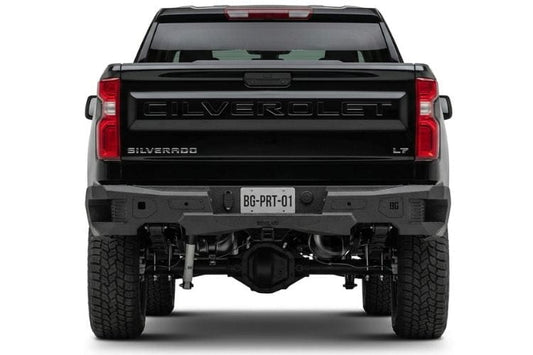 Bodyguard Freedom Series rear bumper MGC19AYT for 2019–2026 Chevy Silverado 1500, textured black with parking sensor cutouts