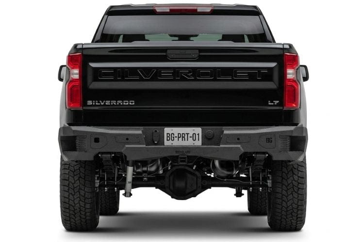Bodyguard Freedom Series rear bumper MGC19AYT for 2019–2026 Chevy Silverado 1500, textured black with parking sensor cutouts