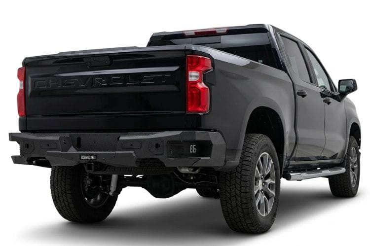 Bodyguard Freedom Series rear bumper MGC19AYT for 2019–2026 Chevy Silverado 1500, textured black with parking sensor cutouts