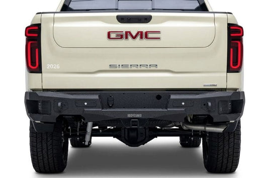 Bodyguard Freedom Series rear bumper MGC19AYT for 2019–2026 GMC Sierra 1500, textured black with parking sensor cutouts
