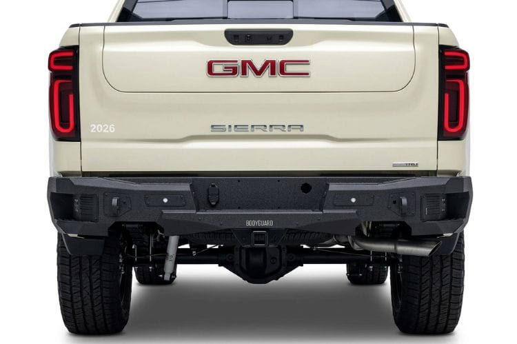 Bodyguard Freedom Series rear bumper MGC19AYT for 2019–2026 GMC Sierra 1500, textured black with parking sensor cutouts