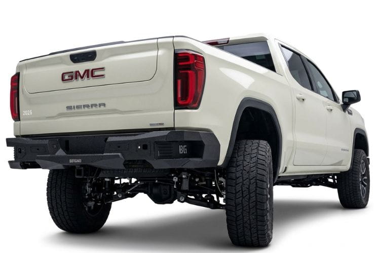 Bodyguard Freedom Series rear bumper MGC19AYT for 2019–2026 GMC Sierra 1500, textured black with parking sensor cutouts