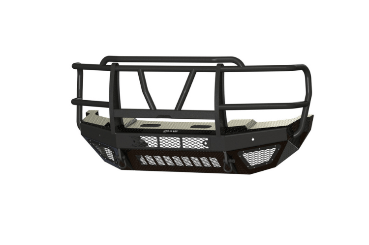 Bodyguard T2 Extreme front bumper replacement for 2023–2026 Ford F450/F550 Super Duty in texture black with parking sensor cutouts, camera harness, winch mount skid plate, and mesh grille.