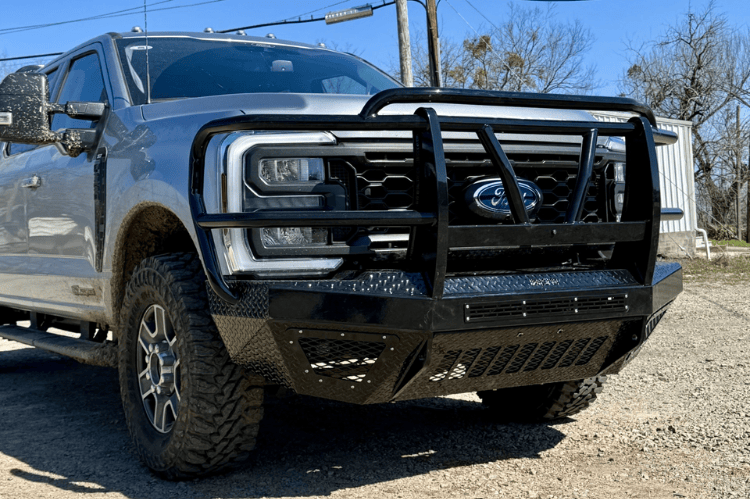 Grille guard front bumper for Ford Super Duty with Bodyguard heavy duty design.