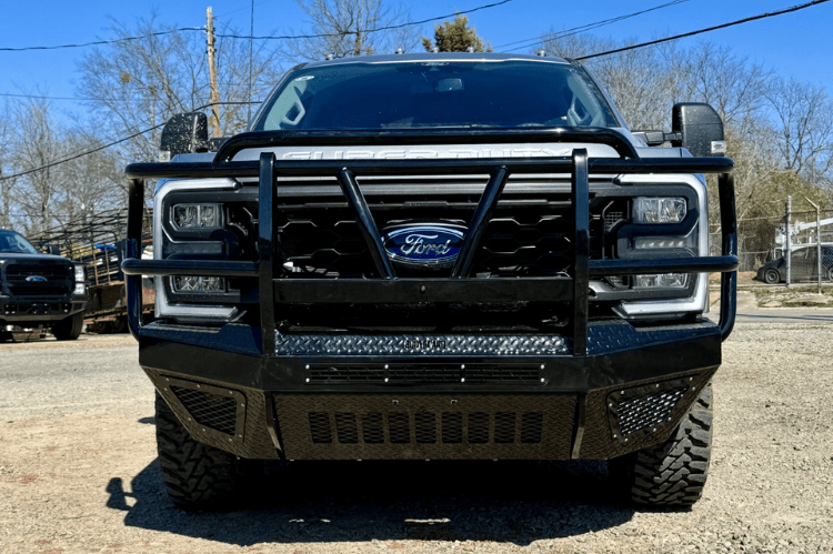 Grille guard front bumper for Ford Super Duty with Bodyguard heavy duty design.