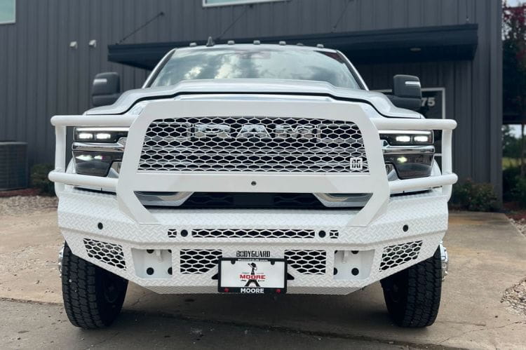 Bodyguard FT Extreme front bumper JER19DYGMH for 2019-2026 Ram 4500/5500 gloss black with camera relocation harness