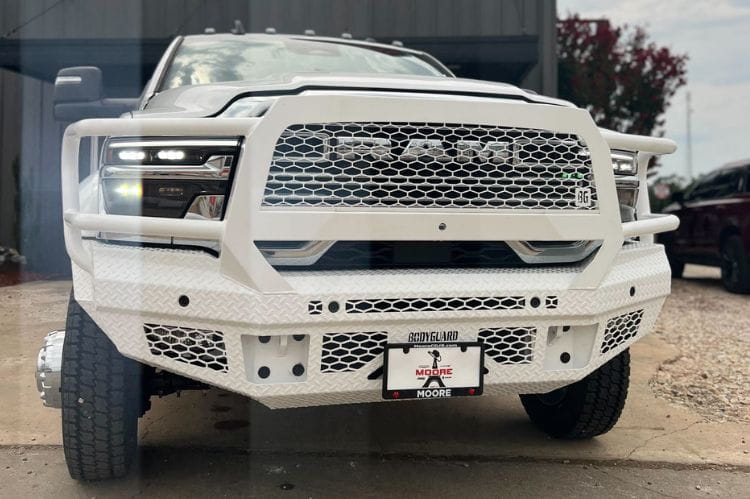 Bodyguard FT Extreme front bumper JER19DYGMH for 2019-2026 Ram 4500/5500 gloss black with camera relocation harness
