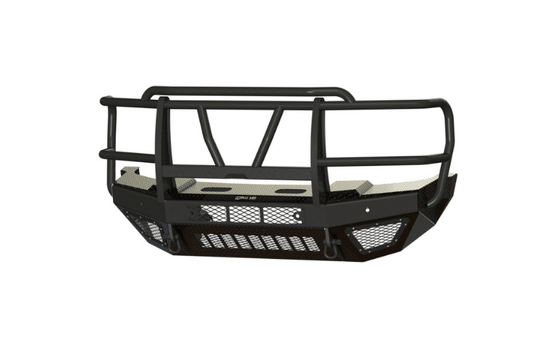 Bodyguard T2 Extreme front bumper with grille guard for Ford Super Duty F450/F550, texture black with parking sensor cutouts, camera harness, and winch mount skid plate.