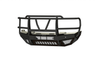 Bodyguard T2 Extreme front bumper with grille guard for Ford Super Duty F450/F550, texture black with parking sensor cutouts, camera harness, and winch mount skid plate.