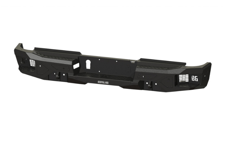 Heavy duty rear bumper with parking sensor cutouts mounted on a 2019–2026 Ram 2500/3500