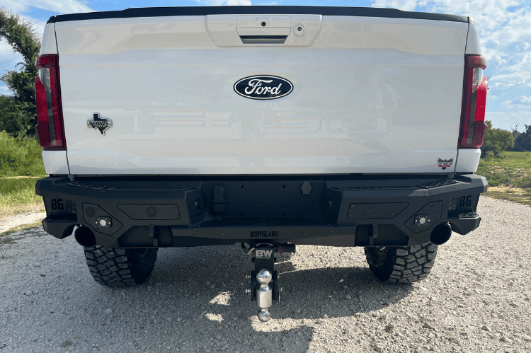 Bodyguard rear bumper MGF24ANT for Ford F150, textured black no-sensor bumper for aftermarket truck builds