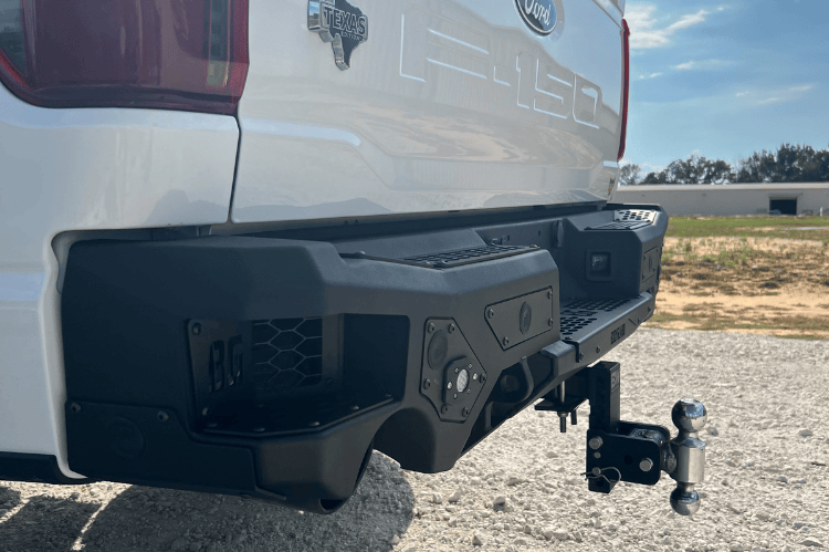 Bodyguard rear bumper MGF24AYT-6 for Ford F150 with 6 sensor cutouts in textured black