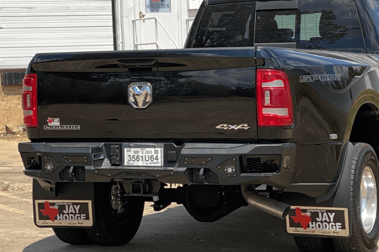 metal steel rear bumper shown on a 2019–2026 Ram 2500/3500, ready for custom finish