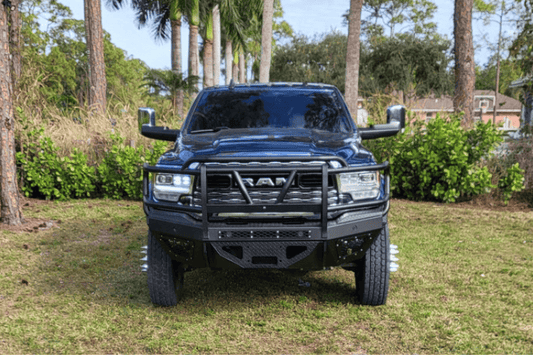 Ram front bumper replacement Bodyguard T2 Extreme grille guard 2019–2026 with textured black finish and skid plate