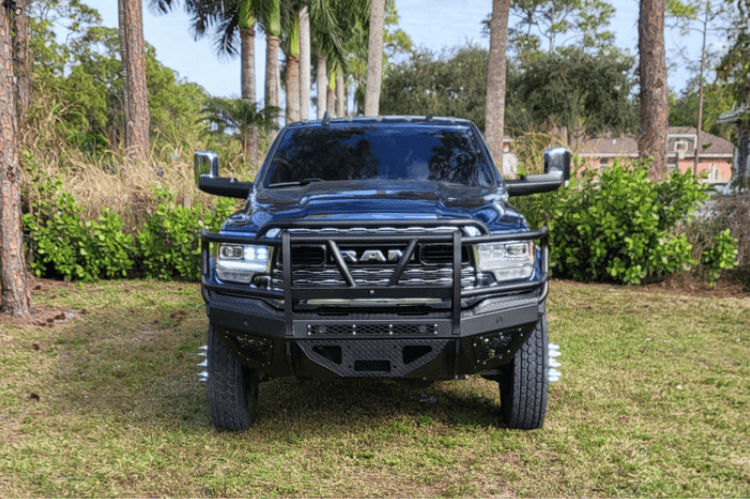 Ram front bumper replacement Bodyguard T2 Extreme grille guard 2019–2026 with textured black finish and skid plate