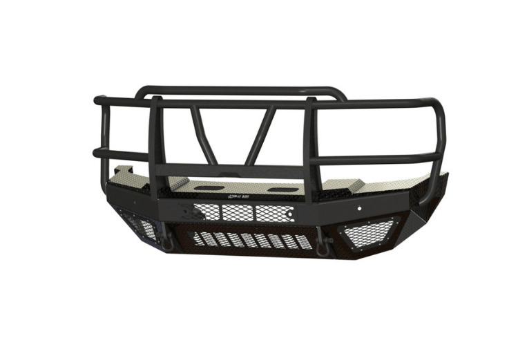 Bodyguard T2 Extreme front bumper guard for Ford Super Duty F450/F550, texture black finish with mesh grill, sensor cutouts, and winch mount skid plate.