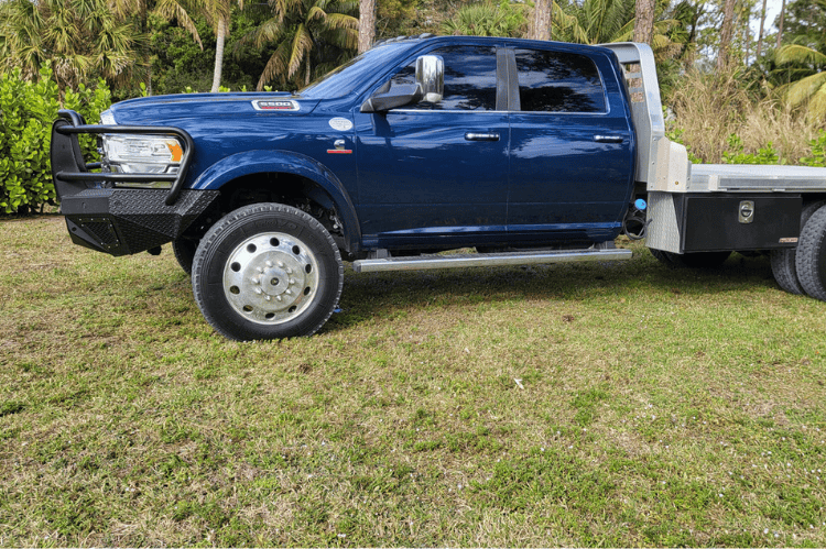 Bodyguard T2 Extreme textured black front bumper for 2019–2026 Ram 4500/5500 with camera harness, grill mesh, and skid plate