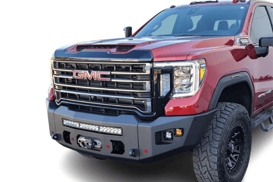 Chassis Unlimited Bumpers CUB980572 Attitude aftermarket front design, durable textured black finish with sensor cutouts for GMC Sierra 2020-2023