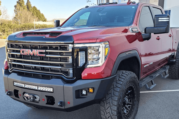 Chassis Unlimited Bumpers CUB980572 Attitude aftermarket front design, durable textured black finish with sensor cutouts for GMC Sierra 2020-2023