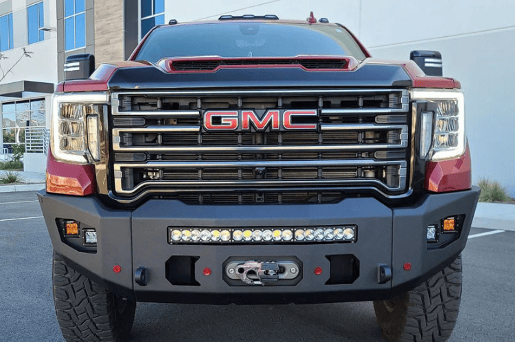 Chassis Unlimited Bumpers CUB980572 Attitude aftermarket front design, durable textured black finish with sensor cutouts for GMC Sierra 2020-2023