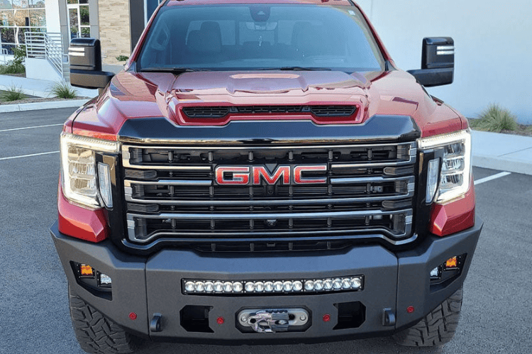 Chassis Unlimited Bumpers CUB980572 Attitude aftermarket front design, durable textured black finish with sensor cutouts for GMC Sierra 2020-2023