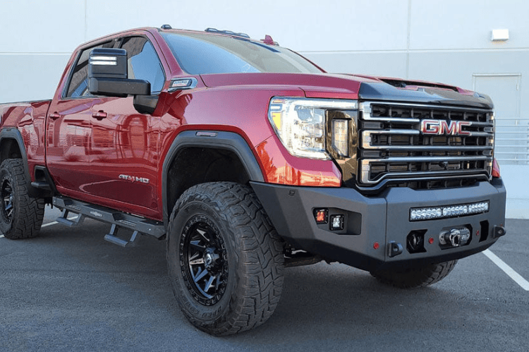 Chassis Unlimited Bumpers CUB980572 Attitude aftermarket front design, durable textured black finish with sensor cutouts for GMC Sierra 2020-2023