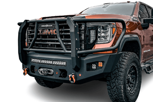 Aftermarket front bumper Chassis Unlimited Attitude CUB980572BGRAW raw finish with winch guard and sensor cutouts for 2020–2023 GMC Sierra 2500/3500 truck