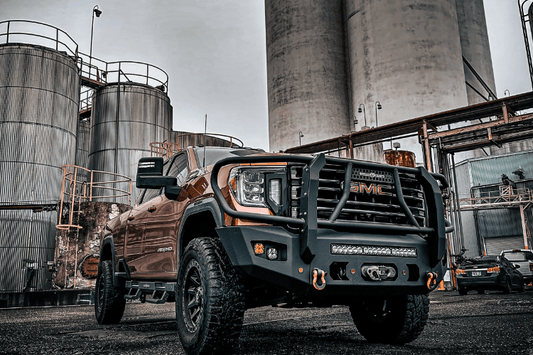 Aftermarket front bumper Chassis Unlimited Attitude CUB980572BGRAW raw finish with winch guard and sensor cutouts for 2020–2023 GMC Sierra 2500/3500 truck