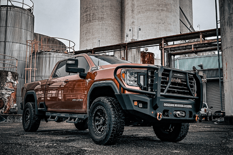 Aftermarket front bumper Chassis Unlimited Attitude CUB980572BGRAW raw finish with winch guard and sensor cutouts for 2020–2023 GMC Sierra 2500/3500 truck
