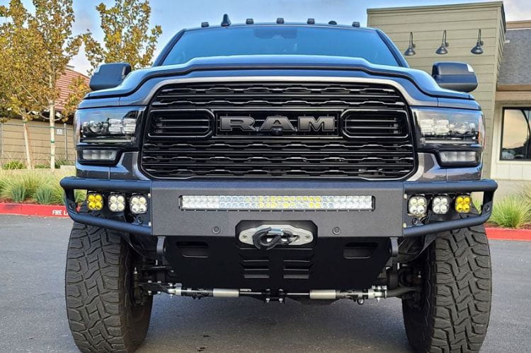 Chassis Unlimited Diablo CUB950322RAW aftermarket front bumper for 2019–2025 Ram 2500/3500 with raw steel finish and sensor cutouts