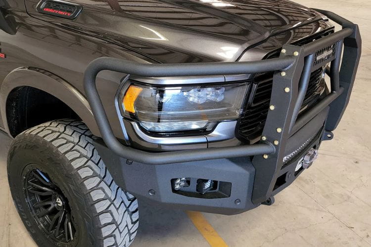 Chassis Unlimited Attitude CUB980322BG front bumper with grille guard for 2019–2025 Ram 2500/3500, textured black, sensor cutouts