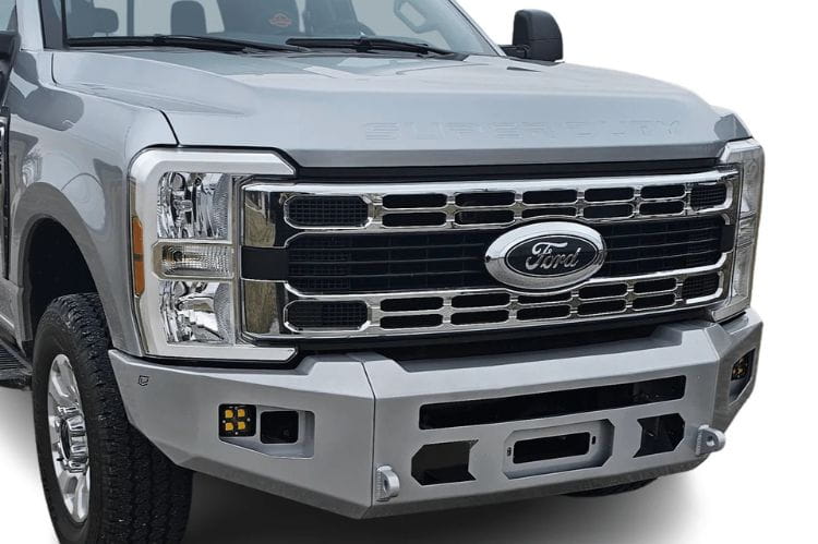 Chassis Unlimited CUB980752RAW steel front bumper on 2023+ Ford Super Duty F250/F350 with raw finish, winch mount and light cutouts