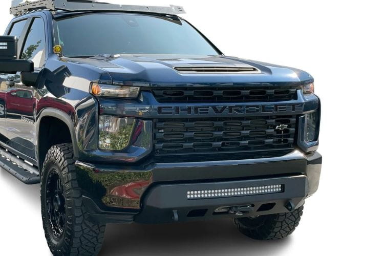 This raw steel custom front bumper CUB990555RAW by Chassis Unlimited brings a bold face to a 2020-2023 Chevy Silverado 2500/3500
