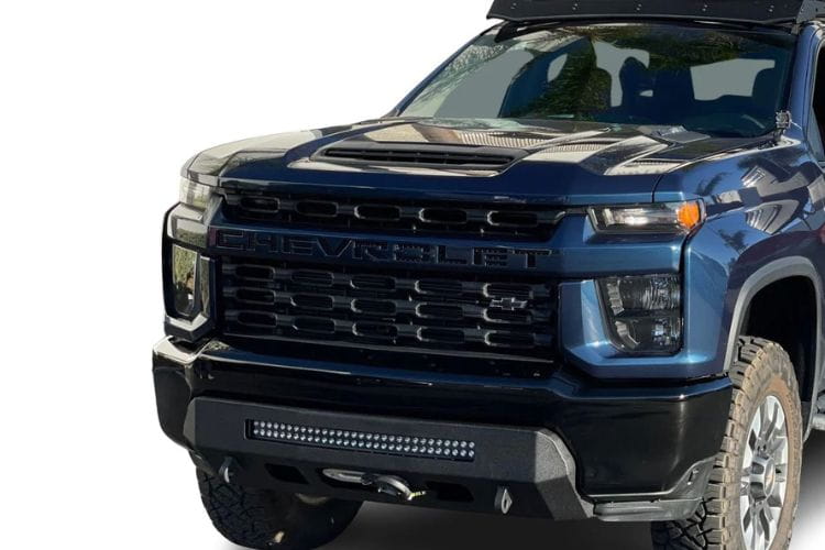 This raw steel custom front bumper CUB990555RAW by Chassis Unlimited brings a bold face to a 2020-2023 Chevy Silverado 2500/3500