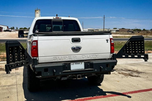 Dual swing out rear bumper CUB960121RAW by Chassis Unlimited for 1999–2016 Ford F250/F350 Superduty with a rugged raw steel finish