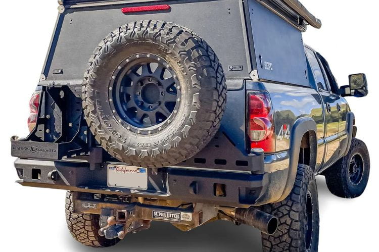 Chassis Unlimited CUB960251 dual swing rear bumper for 1999-2007 Chevy Silverado 1500 black powder coat finish with tire carrier 