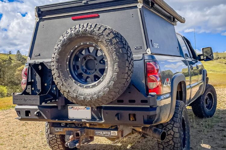 Chassis Unlimited CUB960251 dual swing rear bumper for 1999-2007 Chevy Silverado 1500 black powder coat finish with tire carrier 