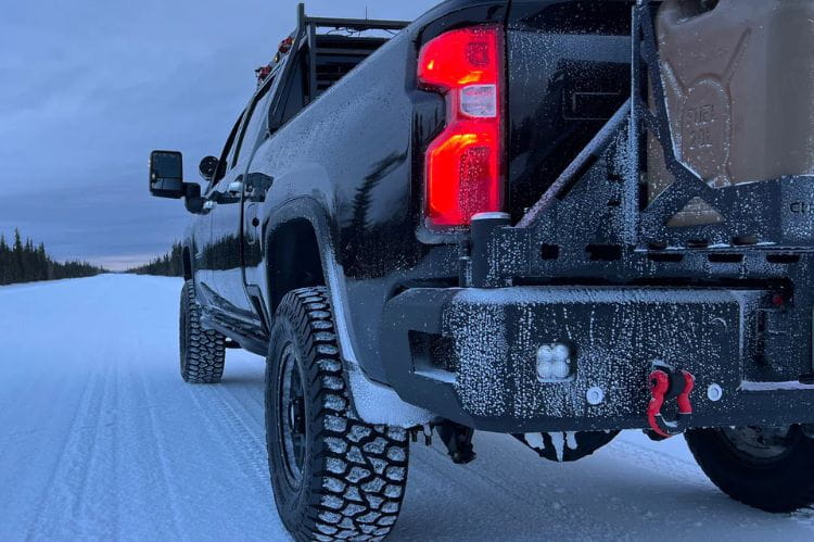 Chassis Unlimited dual swing out rear bumper with tire carrier for 2020–2025 Chevy Silverado 2500/3500 heavy-duty off-road setup
