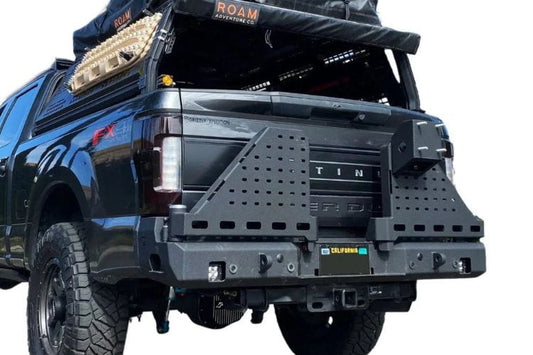 Chassis Unlimited CUB960752 dual swing out rear bumper with tire carrier for 2023+ Ford F250/F350 Super Duty rugged utility build.
