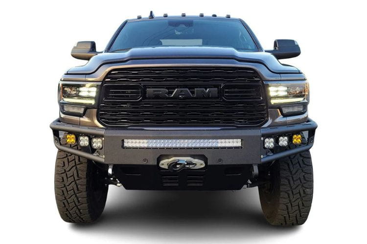 Chassis Unlimited Diablo CUB950322 front bumper for 2019–2025 Ram 2500/3500 with textured black finish and sensor cutouts