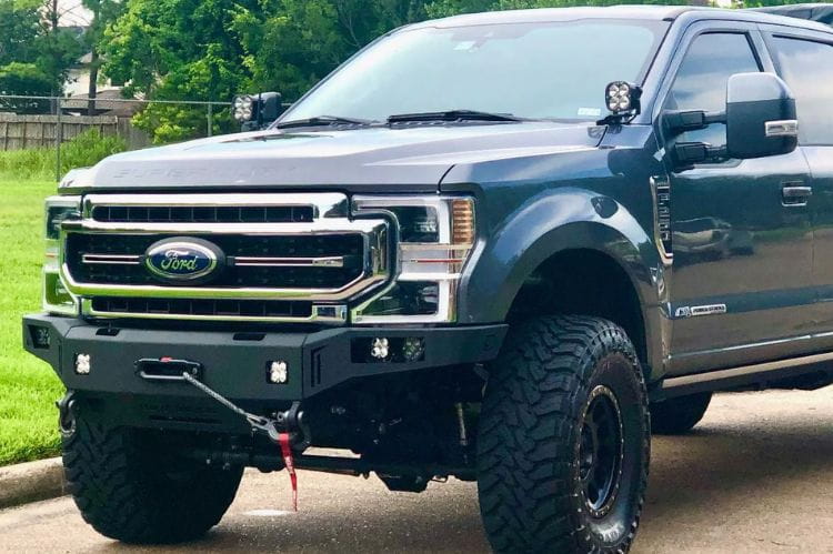 Chassis Unlimited CUB940141 heavy duty winch bumper for 2017–2022 Ford F250/F350 Super Duty, textured black powder coat, perfect for off-road use