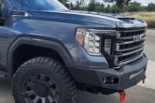 Chassis Unlimited Octane CUB900572 GMC Sierra front bumper in textured black, built for 2020–2023 2500/3500 with sensors